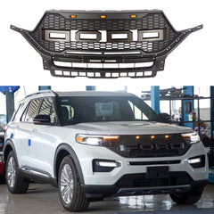 Front Grille For 2019 2020 2021 Ford Explorer Mesh Bumper Grill Grills W/3 Lights Black