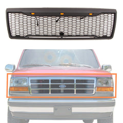 Front Grille For 1992 1993 1994 1995 1996 Ford Bronco F150 Front Bumper Grill Replacement Grilles W/3 Led Lights Black