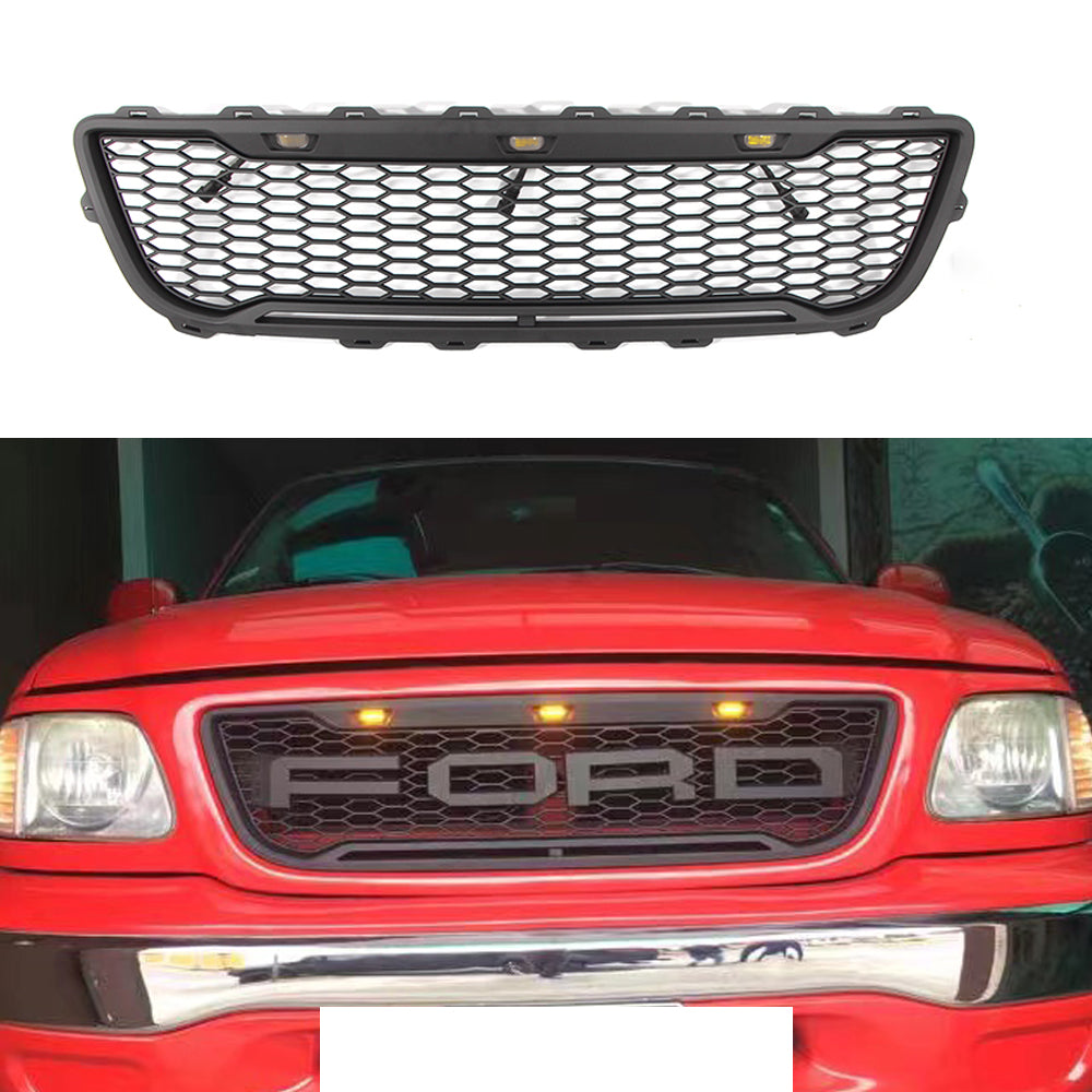 Front Grille For 1999 2000 2001 2002 2003 Ford F150 Front Bumper Grilles Raptor Style Grill W/Lights Black