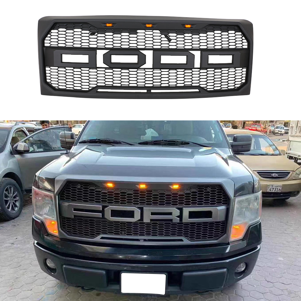 Front Grille For 2009 2010 2011 2012 2013 2014 Ford F150 Super Duty Raptor Style Grills Grill W/3 Light Black