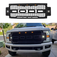 Front Grille For 2017 2018 2019 Ford F250 F350 Super Duty Upper Bumper Grill W/3 Led Lights & Side Light Black