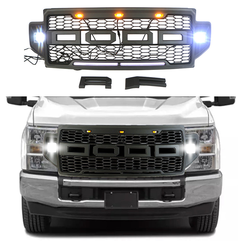 Front Grille For 2021 2022 Ford F250 Front Mesh Grilles W/3 LED Lights & Side Lights Black