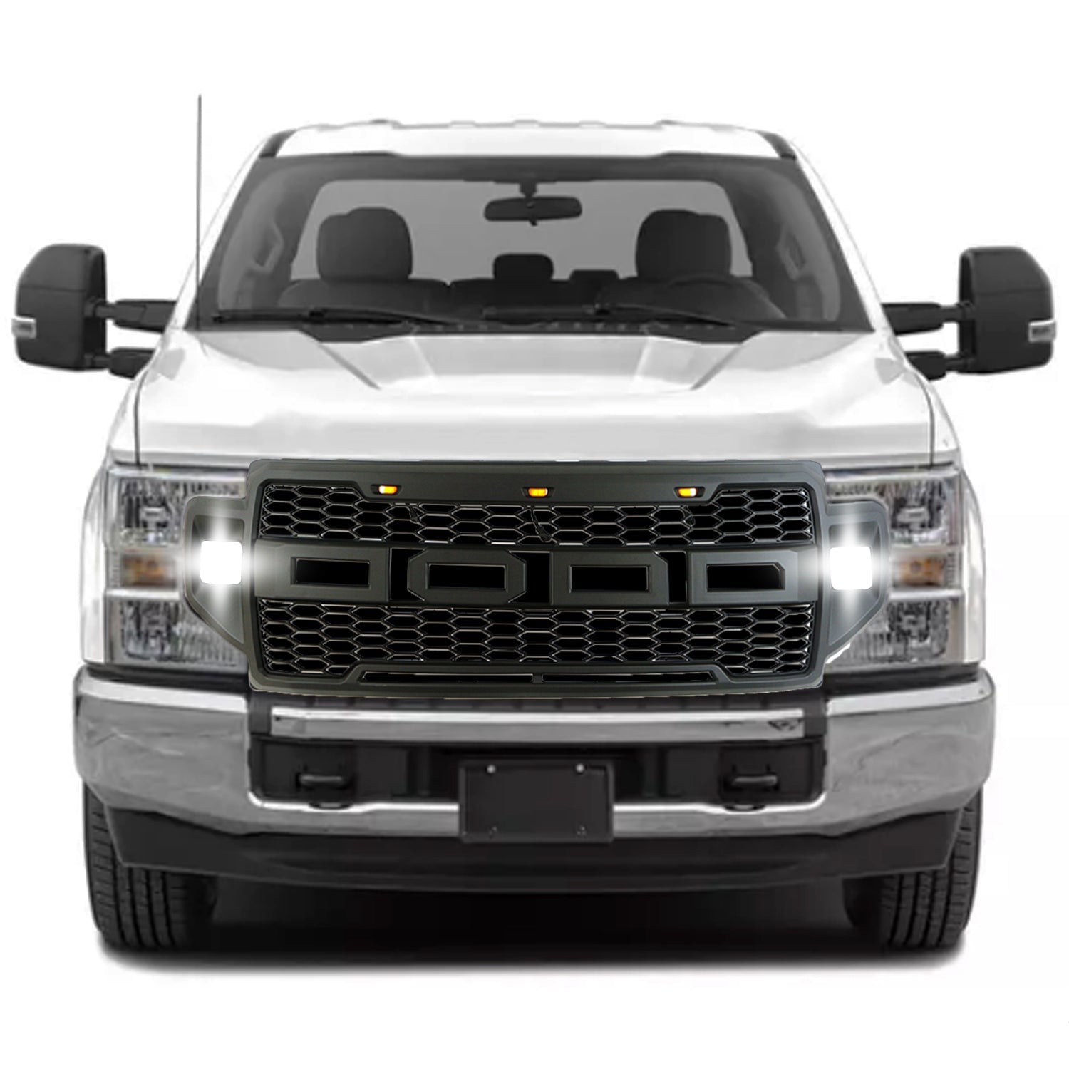 Front Grille For 2021 2022 Ford F250 Front Mesh Grilles W/3 LED Lights & Side Lights Black