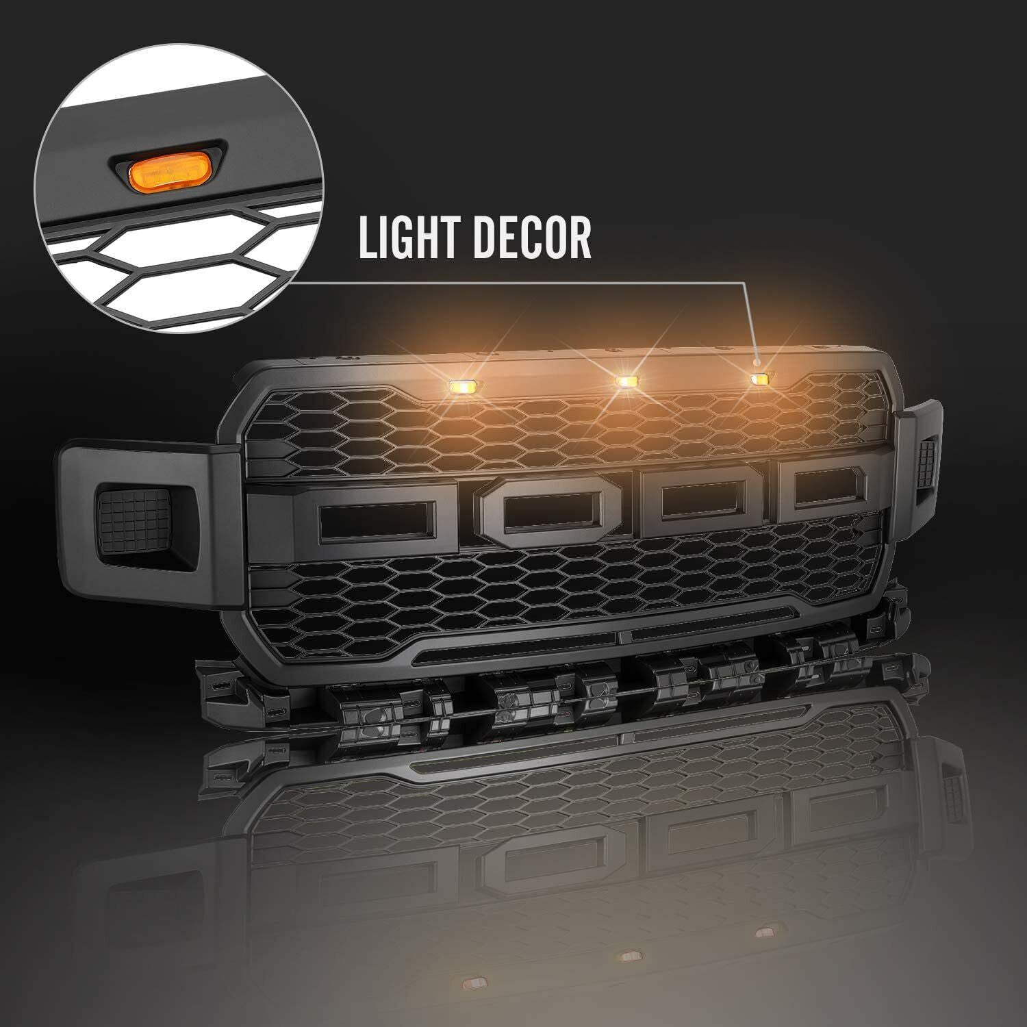 Front Grille For 2018 2019 2020 Ford F150 Front Mesh Grilles Bumper Grill W/3 LED Lights Black