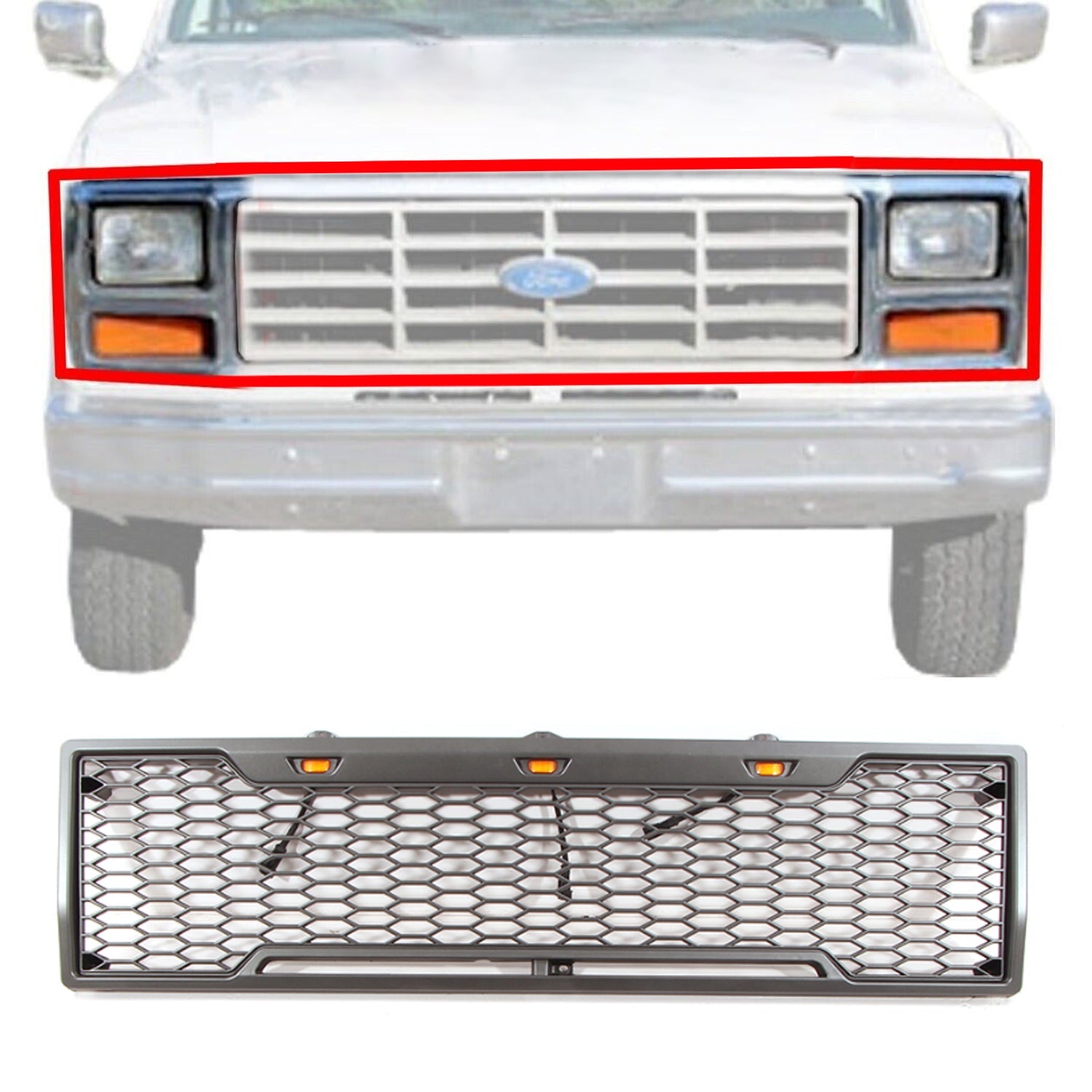 Front Grille For 1980 1981 1982 1983 1984 1985 1986 Ford Bronco F150 Front Grilles Bumper Grill With 3 Led Lights Black