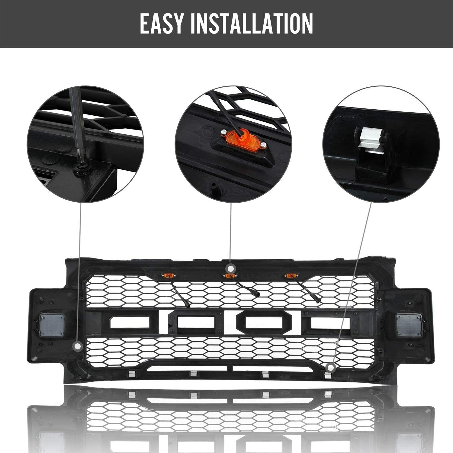 Front Grille For 2017 2018 2019 Ford F250 F350 Super Duty Upper Bumper Grill With 3 Led Lights Black
