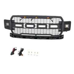 Front Grille For 2018 2019 2020 Ford F150 Mesh Grills Grill Cover Wi/3 Lights and 2 Side Light Black