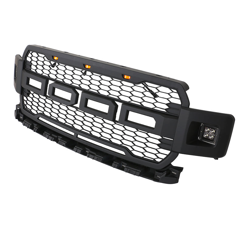 Front Grille For 2018 2019 2020 Ford F150 Mesh Grills Grill Cover Wi/3 Lights and 2 Side Light Black