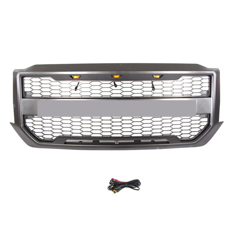 Front Grille For 2016-2018 Chevrolet Silverado 1500 Bumper Grills Grill Cover W/3 LED Light Black