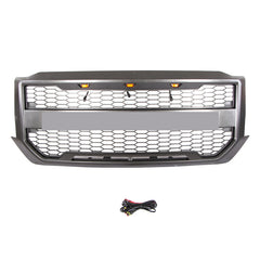 Front Grille For 2016-2018 Chevrolet Silverado 1500 Bumper Grills Grill Cover W/3 LED Light Black