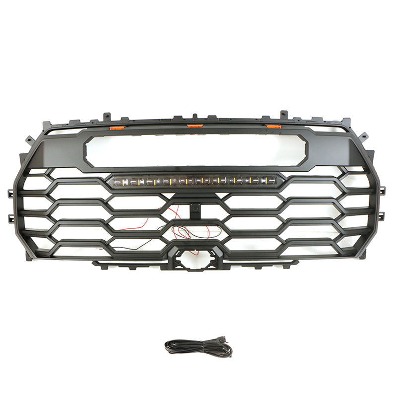 Front Grille For 2022-2023 Toyota Tundra Bumper Grills Grill Cover W/3 LED Lights&Light Bar Black