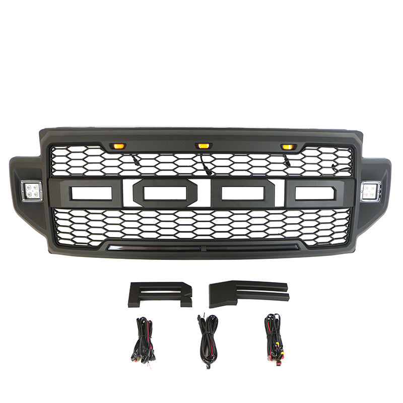 Front Grille For 2021 2022 Ford F250 Front Mesh Grilles W/3 LED Lights & Side Lights Black