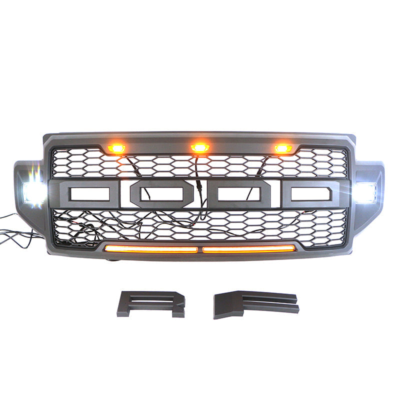 Front Grille For 2021 2022 Ford F250 Front Mesh Grilles W/3 LED Lights & Side Lights Black