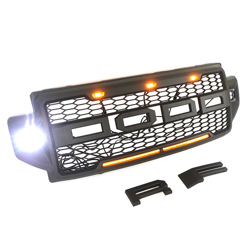 Front Grille For 2021 2022 Ford F250 Front Mesh Grilles W/3 LED Lights & Side Lights Black