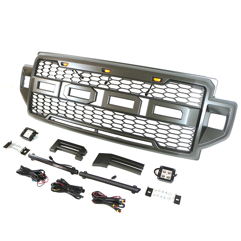 Front Grille For 2021 2022 Ford F250 Front Mesh Grilles W/3 LED Lights & Side Lights Black