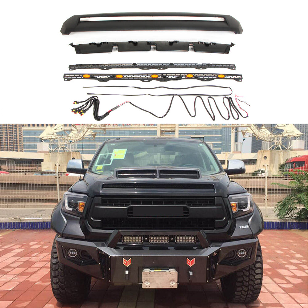 Front Upper Grille For 2014-2019 Toyota Tundra Bumper Grills Grill Cover W/5 LED Light Black